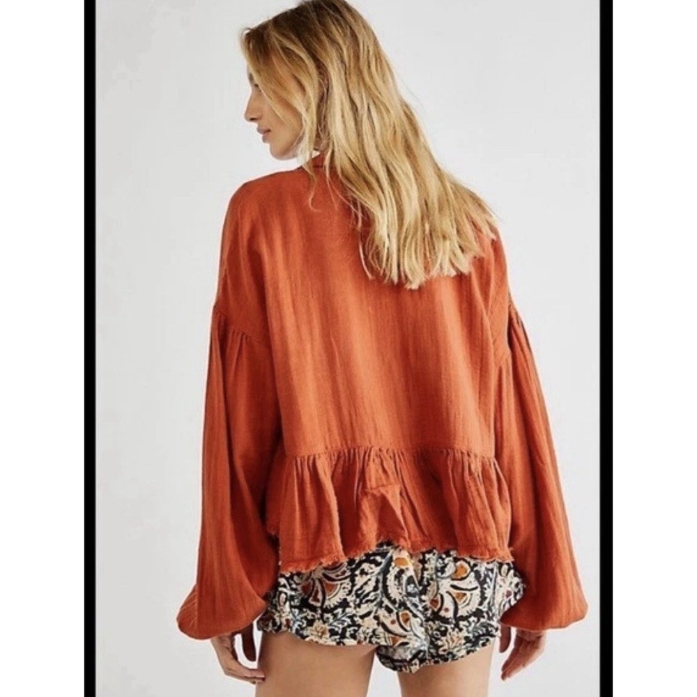 Free People Lyra Tiered Bed Jacket Gauzey Rust Orange Boho Oversized XL - Picture 2 of 14